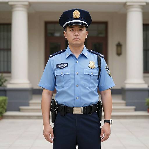 Photograph of a serious young Asian male police officer in light blue uniform, black cap, standing in front of a white-columned building.