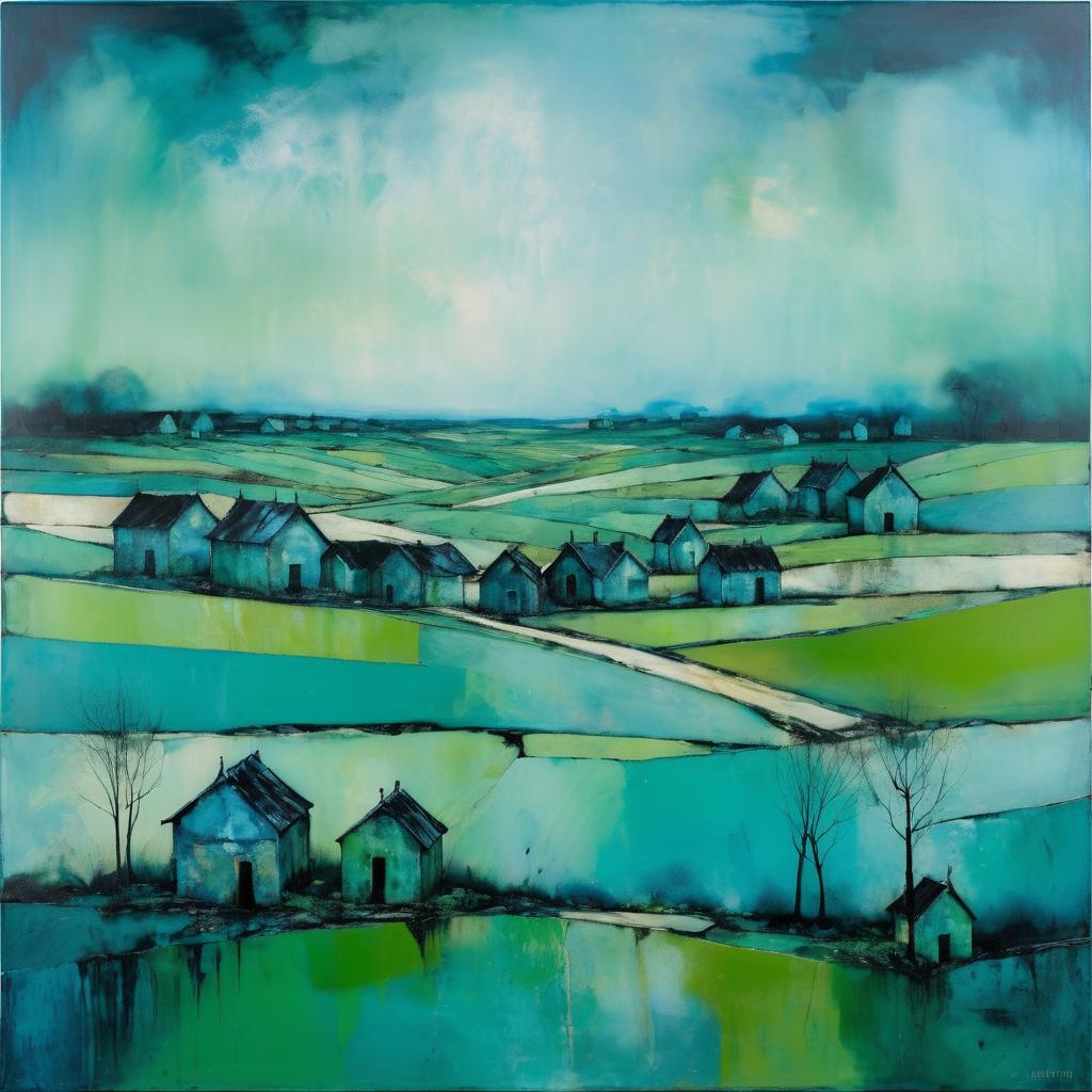 Abstract Village in Hazy Blues and Greens