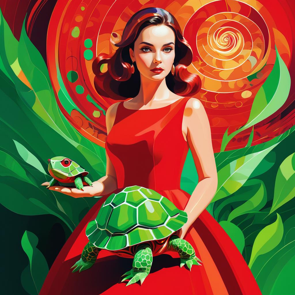 Surreal Woman in Red with Tortoise