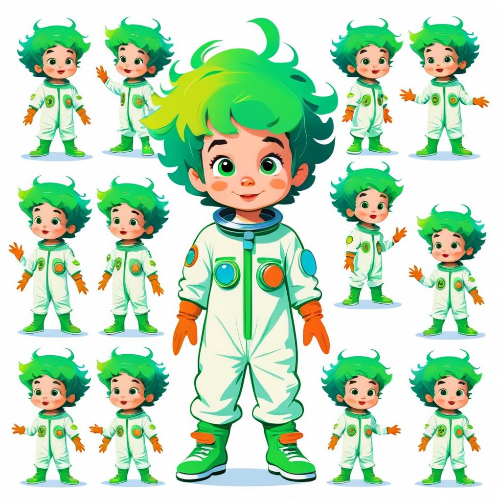 Whimsical Green-Haired Astronaut Boy Poses