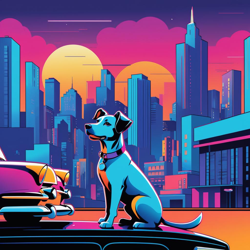 Retro Cityscape Comic Dog Illustration