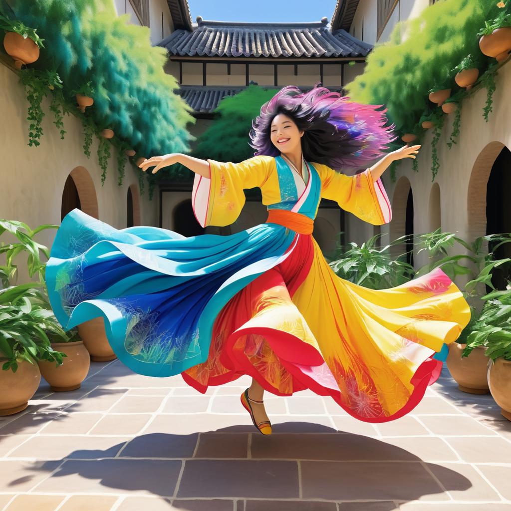 Joyful Dancer in Vibrant Courtyard