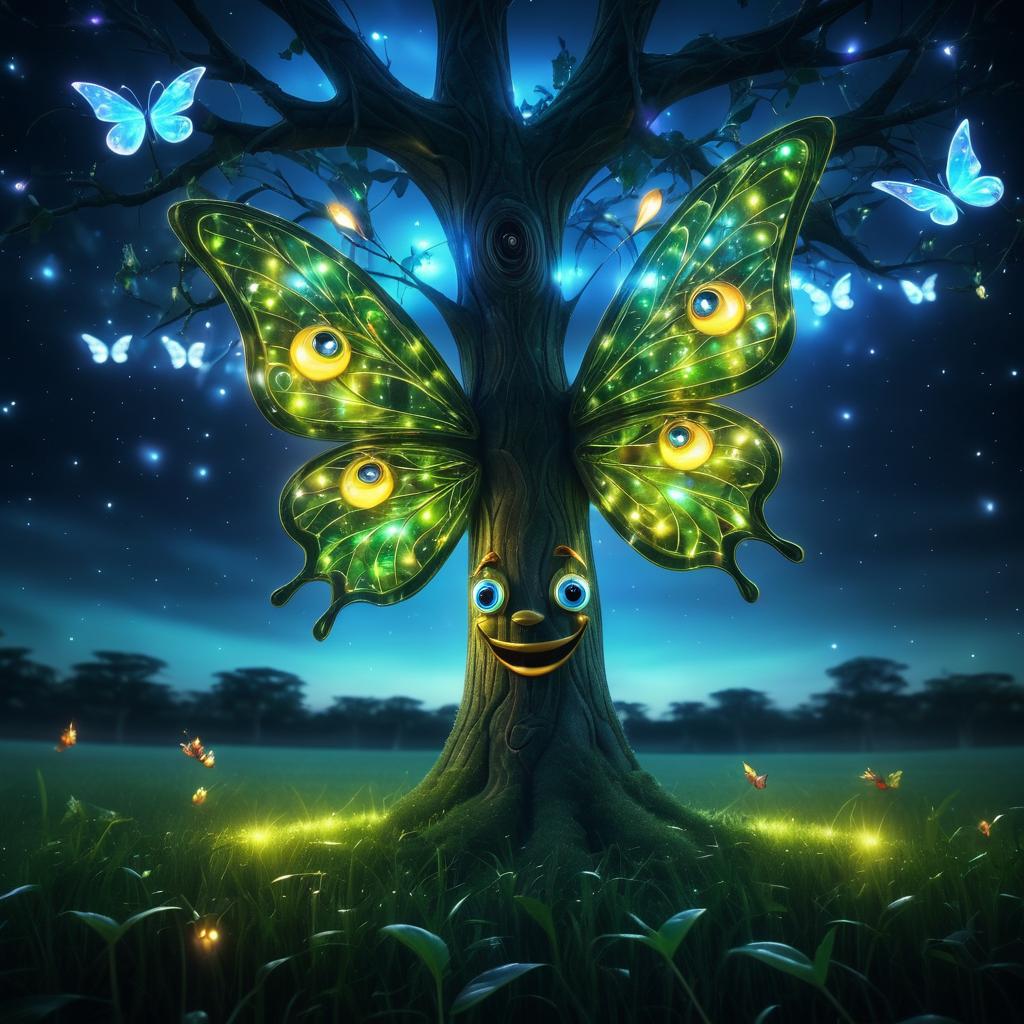 Surreal Fantasy Tree and Luminous Butterfly