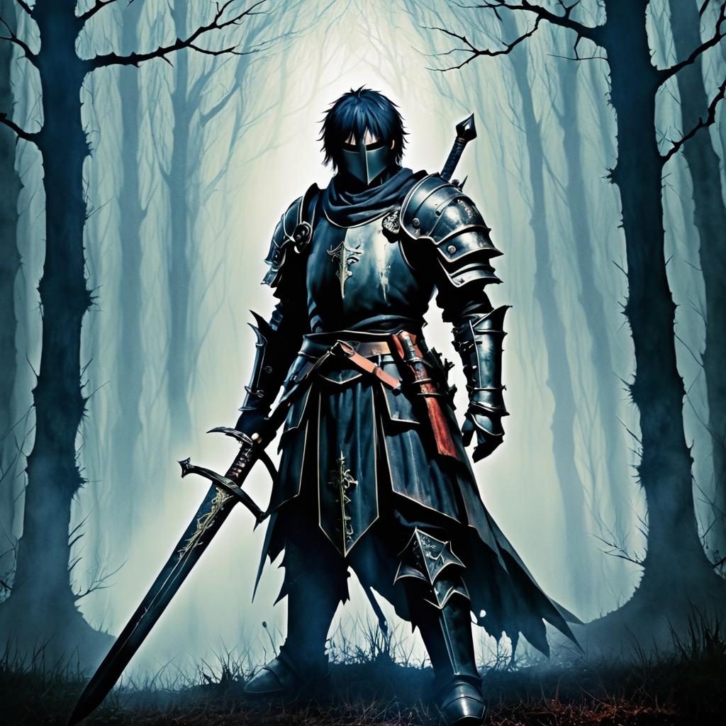 Cursed Knight in Eerie Forest Clearing