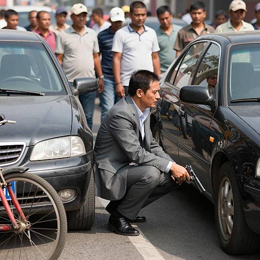 Crouching Man in Suit with Gun