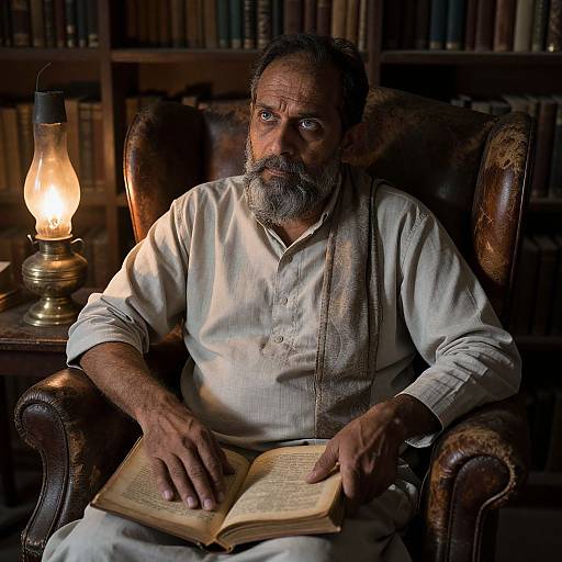 Melancholic Portrait in Abandoned Library