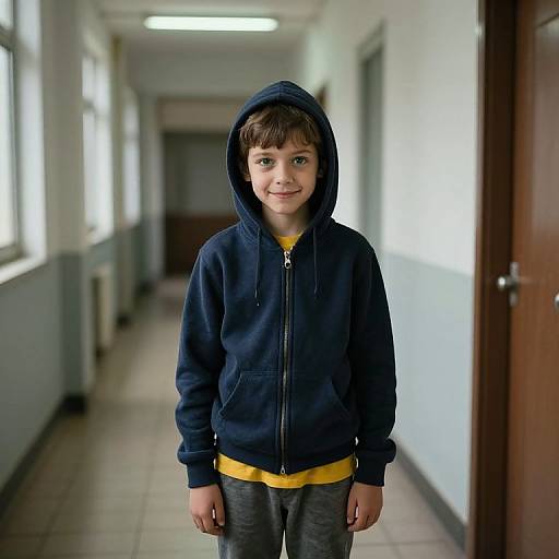 Mischievous Boy in Dim Hallway