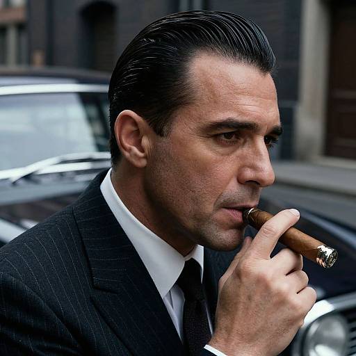 Photorealistic image of a handsome, dark-haired man in a black pinstripe suit, smoking a cigar, with a blurred city street and classic