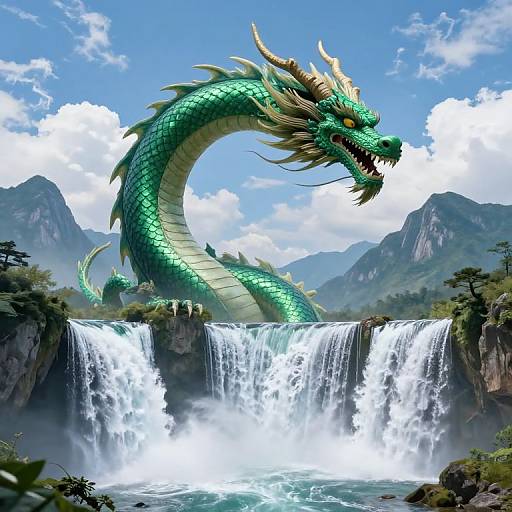Digital artwork of a vibrant green dragon with yellow eyes and horns, coiled around a cascading waterfall, set against a mountainous, cloudy sky landscape