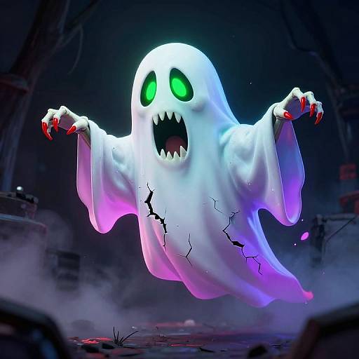 Digital illustration of a glowing green-eyed, white ghost with sharp red claws, cracked texture, and a menacing open mouth, floating in a dark, eerie