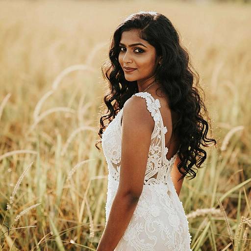 Photograph of a beautiful Indian woman with long wavy black hair, wearing a white lace sleeveless wedding dress, standing in a golden wheat field,