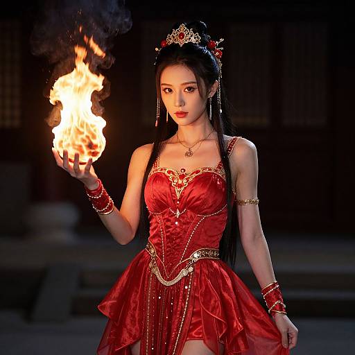 Digital art: Asian woman in red, lace-trimmed dress, crown, and jewelry, holding a floating fireball, dark background, night setting