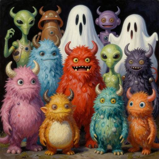 Digital illustration of colorful, furry, horned monsters in front of ghostly figures, featuring various vibrant hues and expressive, large eyes.