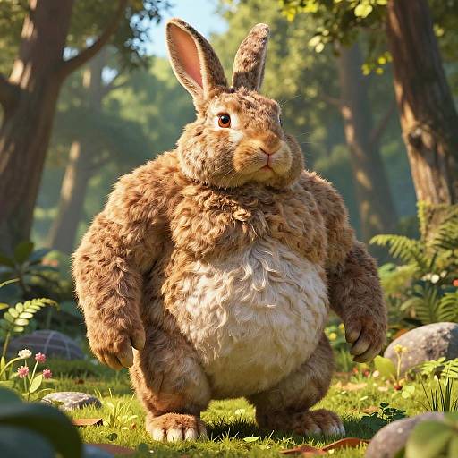 Photorealistic CGI of a chubby, fluffy brown rabbit with black-tipped ears standing in a sunlit forest clearing, surrounded by greenery and rocks