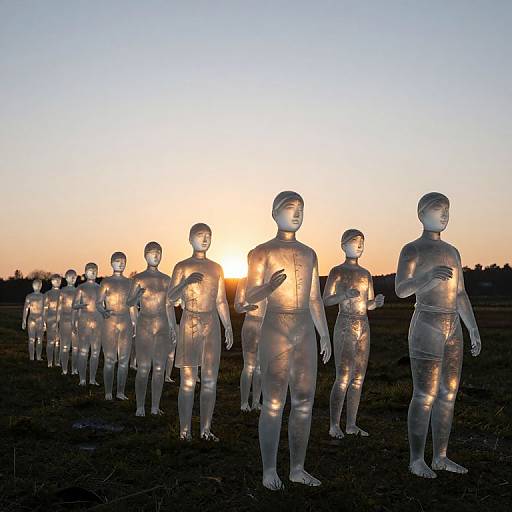 Photograph of a line of translucent, illuminated human statues at sunset, standing on grass, each with different hand gestures, glowing against a clear sky.