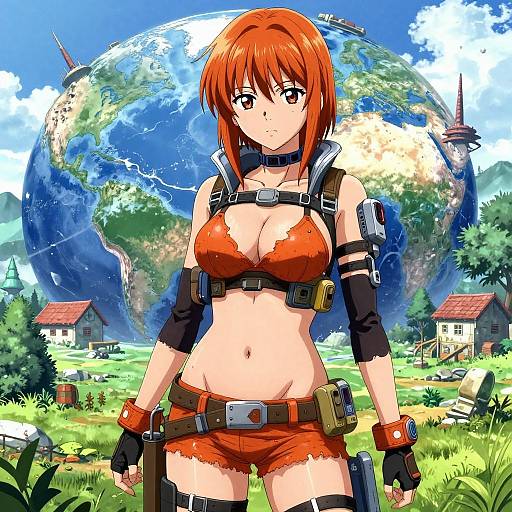 Anime-style digital artwork of a red-haired, busty woman with orange torn clothing and tactical gear, standing in a vibrant, fantasy village with a large,