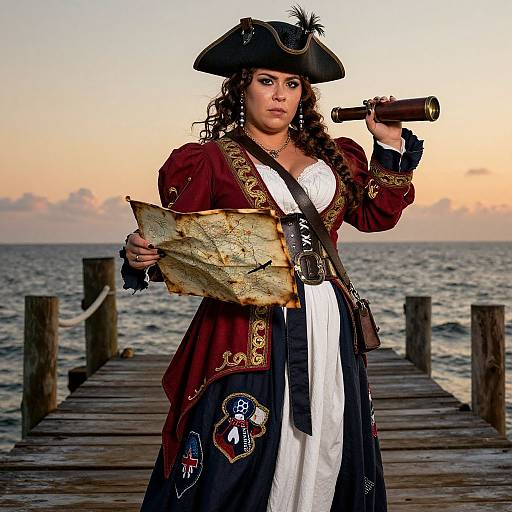 Photograph of a brunette woman in a pirate costume with a tricorn hat, holding a spyglass and map, standing on a wooden pier at sunset