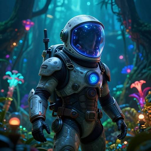 Digital artwork of a futuristic astronaut with a glowing blue helmet, standing in a vibrant, neon-lit, alien forest.