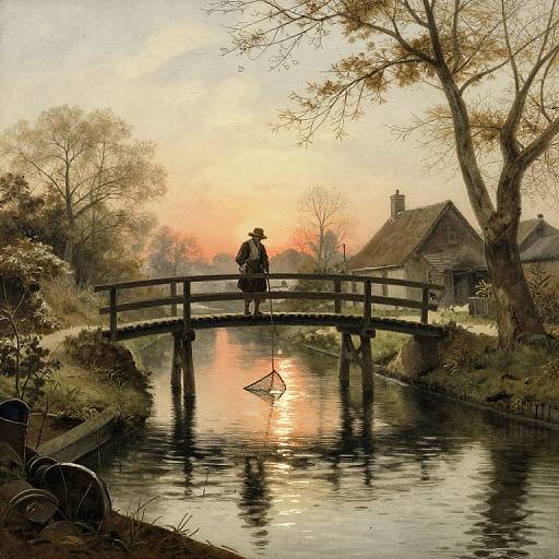Photograph-style digital painting of a solitary fisherman on a wooden bridge at sunset, reflection in calm water, rural cottage, bare trees, and a