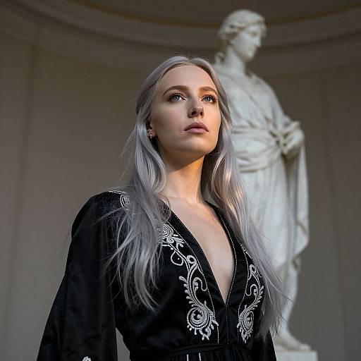 Photograph of a young woman with long silver hair, wearing a black velvet dress with white embroidery, standing in front of a classical marble statue in a
