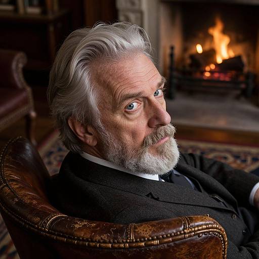 Photograph of an elderly man with white hair and beard, wearing a black suit, sitting in a leather armchair by a roaring fireplace.