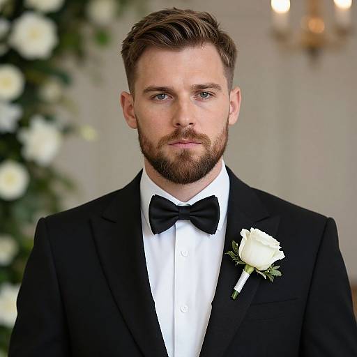 Photograph of a handsome, bearded man with short brown hair, wearing a black tuxedo, white dress shirt, black bow tie, and