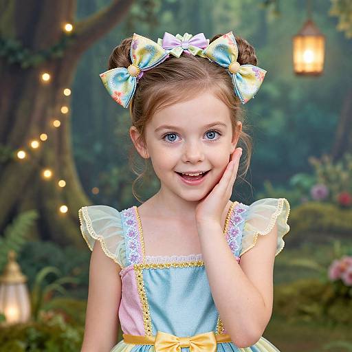 Photograph of a smiling young girl with blue eyes, wearing a pastel dress, bow headband, and lace sleeves, in a magical forest with