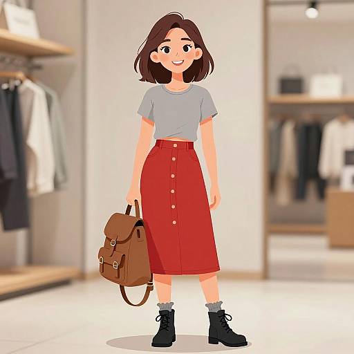 Digital illustration of a smiling woman with brown hair, wearing a gray t-shirt, red button-up skirt, black boots, and brown backpack, standing in
