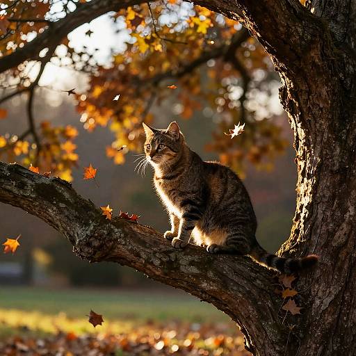 Cat on Oak Tree in Autumn
