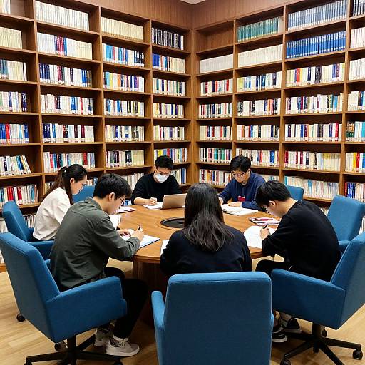 Photograph of six Asian students, wearing casual clothing, seated around a wooden table in a library study room with blue chairs and surrounded by wooden booksh