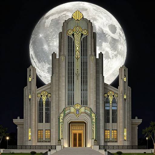Art Deco-style building with a tall, central arched entrance, illuminated by moonlight behind a large, glowing full moon.