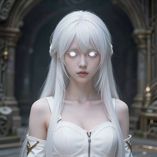 Digital art of a white-haired, glowing-eyed, ethereal woman in a white, off-shoulder, zip-up dress, standing in a dark