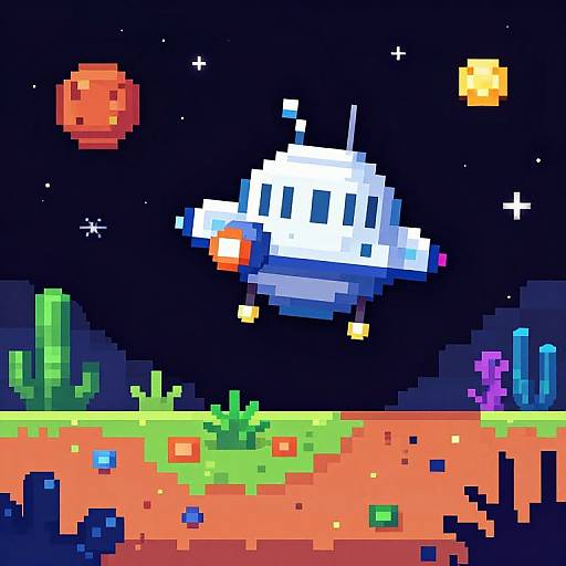 Pixel art of a white and blue spaceship hovering above a colorful alien landscape with cacti, planets, and a starry night sky.
