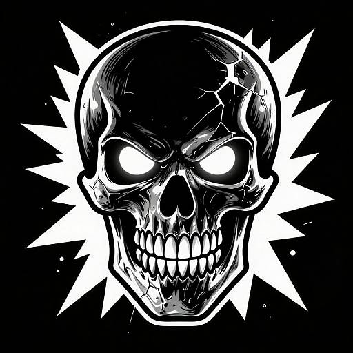Digital drawing of a menacing, cracked white skull with glowing eyes and sharp teeth, surrounded by white starburst patterns on a black background.