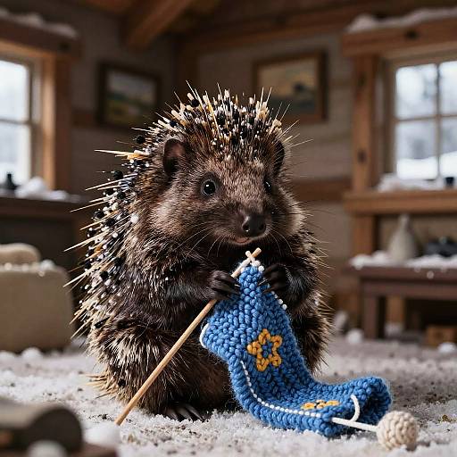 Shy Porcupine Knitting in Cozy Cabin