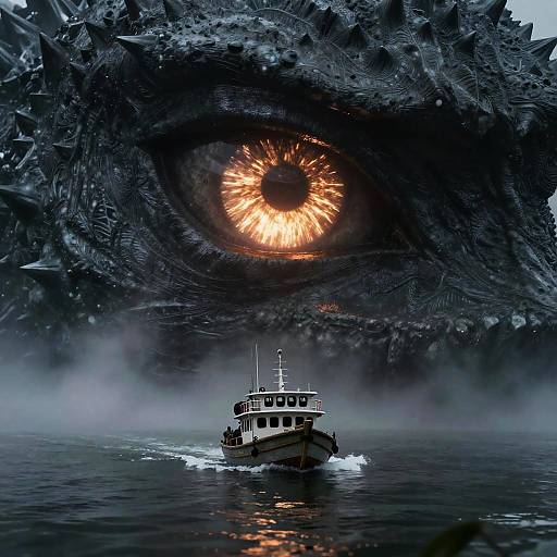 Macro Photo of Godzilla's Eye Watching Boat