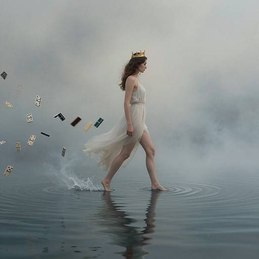 Photograph of a barefoot woman with a golden crown, wearing a flowing white dress, walking on water, with cards floating around her.