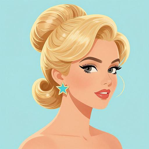 Digital illustration of a blonde woman with a styled updo, wearing star-shaped turquoise earrings and red lipstick, against a bright blue background.