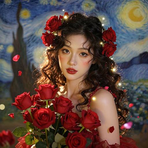 Photorealistic digital art of a fair-skinned, curly-haired woman with red roses, fairy lights, and Vincent van Gogh's Starry Night