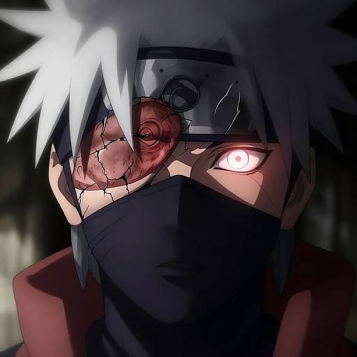Digital anime-style drawing of a white-haired ninja with a cracked forehead, blood around the eye, glowing pink eye, and black mask. Dark, shadow