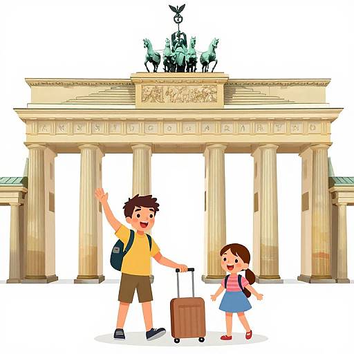 Cartoon illustration of a boy and girl standing in front of the iconic, detailed Parisian Arc de Triomphe with a statue on top. Boy