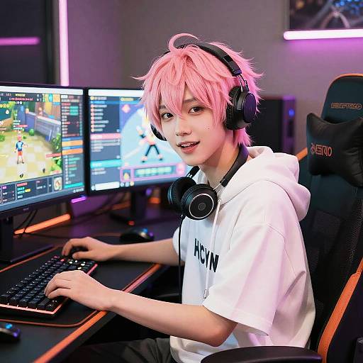 Photograph of a young male gamer with pink hair, wearing a white hoodie and black headphones, seated in a neon-lit gaming setup.