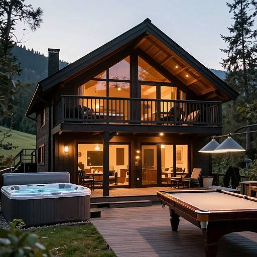 Photograph of a modern, two-story wooden chalet at dusk, illuminated from inside, with a hot tub, pool table, and outdoor patio furniture