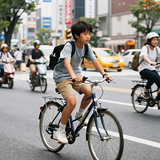 Japanese Boy Cycling Through Tokyo