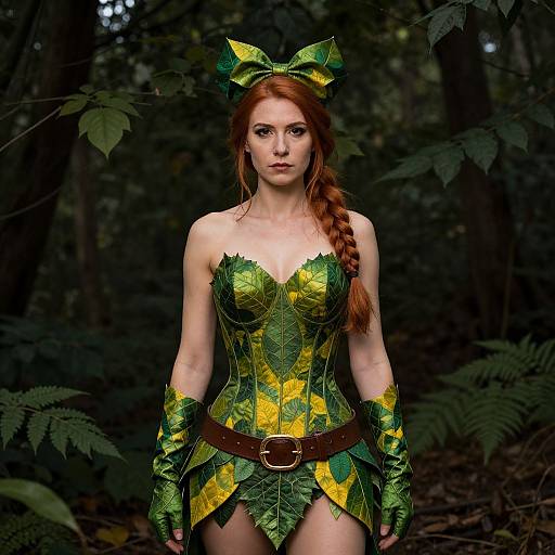 Photograph of a red-haired woman in a green and yellow leaf-themed costume with a bow, corset, and belt, standing in a dark forest