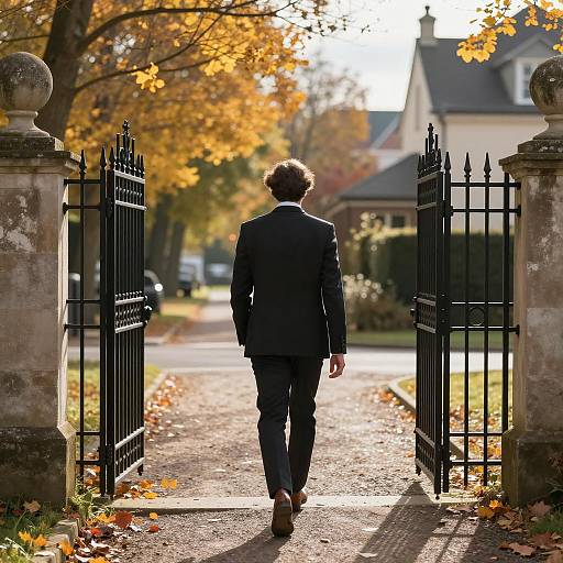 Elegant Man Walking Through Autumn Gates
