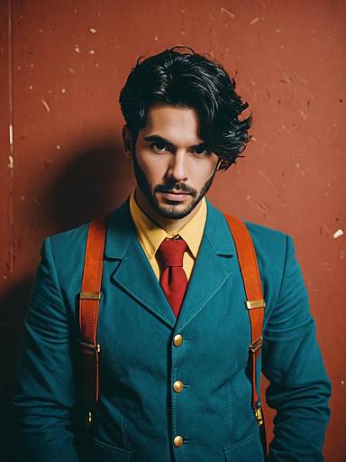 Photograph of a handsome man with dark, wavy hair and beard, wearing a teal suit, yellow shirt, red tie, and orange suspenders