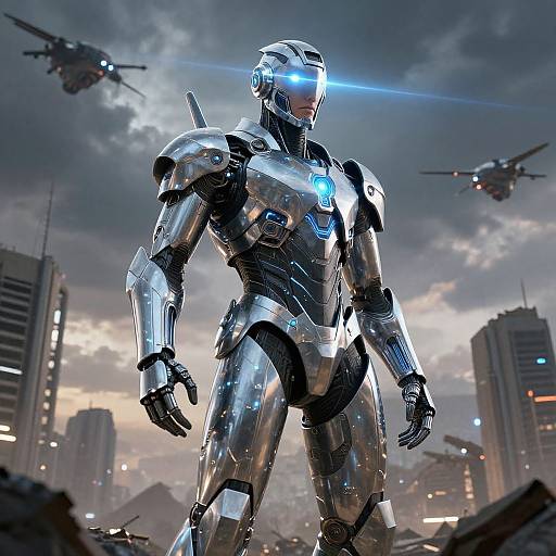 Futuristic AI Guardian on Battlefield