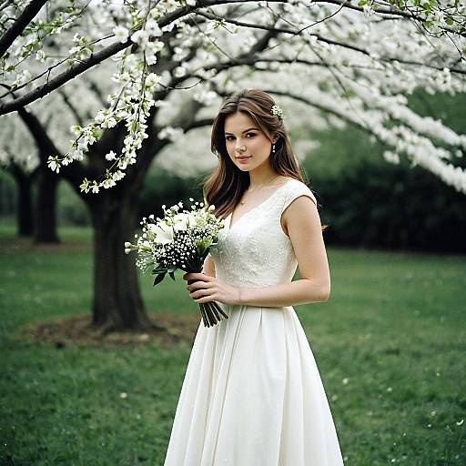 Bride in White Dress Holding Bouquet