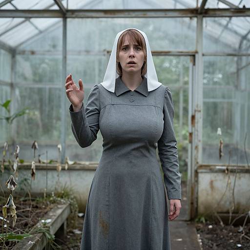 Photograph of a woman with a nun-like appearance, wearing a grey dress and white veil, standing in a dim, overgrown greenhouse. She raises